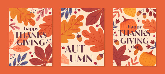 Happy thanksgiving day posters with pumpkins,mushroom,leaves,berries,plants in fall colors.Vector holiday illustrations.Autumn thanksgiving templates for prints,ad,smm,branding,packaging,covers © Xenia Artwork 