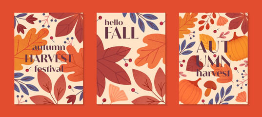 Autumn harvest festival posters with pumpkins,leaves,mushroom,berries,plants in fall colors.Vector harvest fest illustrations.Trendy fall templates for prints,ad,smm,banners,invitations,covers