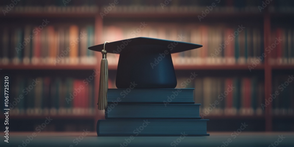 Aufkleber a graduation cap rests on top of a stack of books in front of a bookshelf. ai.