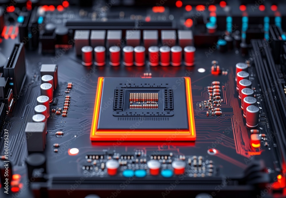 Poster a super macro, glowing circuit board with computer chips and cpus, in stock