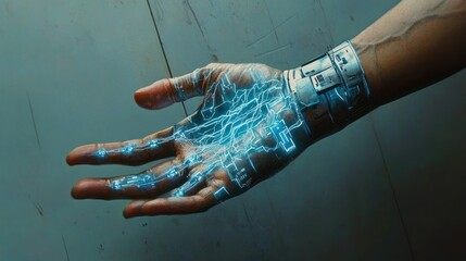 A close-up of a human hand with a futuristic, glowing, blue, electronic device attached to the wrist.