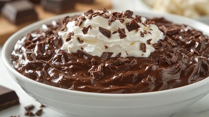 A white bowl filled with rich chocolate pudding topped with whipped cream and chocolate shavings.