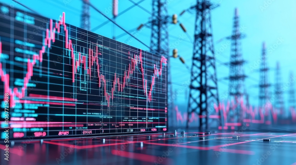 Poster the symbols of energy on a dynamic stock market graph are displayed in accordion style against a bac
