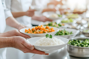 A group of people standing in line, each holding a white plate filled with dishes, ready to enjoy a meal together, showcasing unity and shared moments