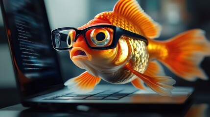 Goldfish with Glasses on Laptop	