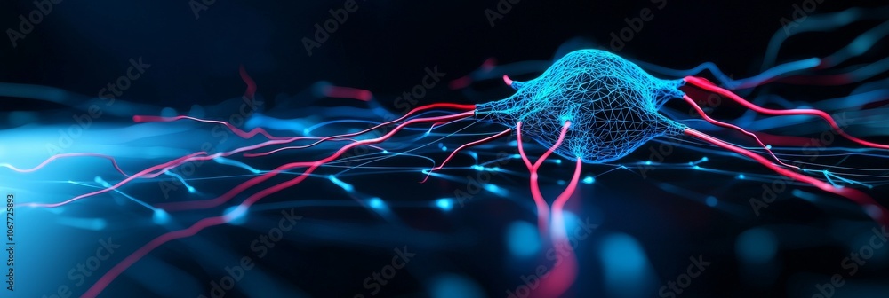 Poster an abstract connected dots background on a blue background. concept for communication. horizontal ba