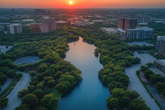 Aerial View of the Plano, Texas Business District during Summer Sunset