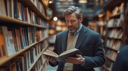 Caucasian male consultant advising a customer in a library during the daytime