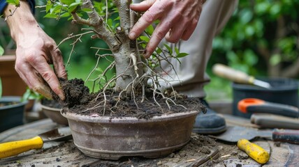 Obraz premium Hands sculpting bonsai tree: art of shaping miniature greenery outdoors with tools
