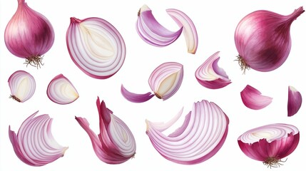 collection of red onion pieces isolated on white background
