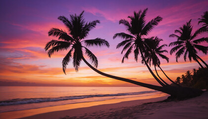 "Silhouettes of Palm Trees Against Vibrant Sunset Sky: Capturing the Beauty of Tropical Beaches with Lush Palms and Stunning Sunset Colors, Perfect for Exotic, Relaxing, and Paradise-Themed Stock Phot