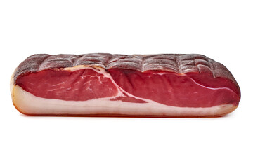 Italian prosciutto crudo or spanish jamon, isolated on white background.