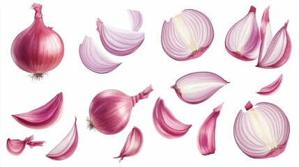 collection of red onion pieces isolated on white background