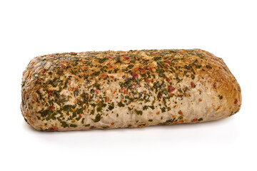 Baked meatloaf with boiled eggs, isolated on white background.