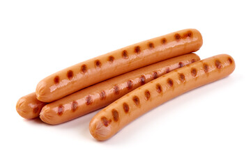 Grilled hot dog sausages, close-up, isolated on white background.