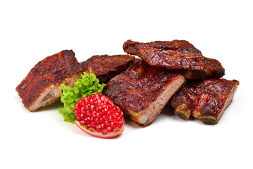 Roasted pork spare ribs in bbq sauce, spicy food, isolated on white background.