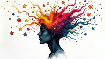 Side profile of an individual with an explosion of colors from their head, representing imagination, ADHD, and focus challenges