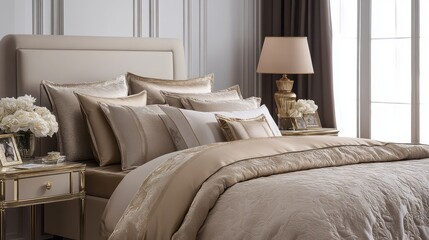 Luxurious Beige Bed with Gold Accents and Floral Decor