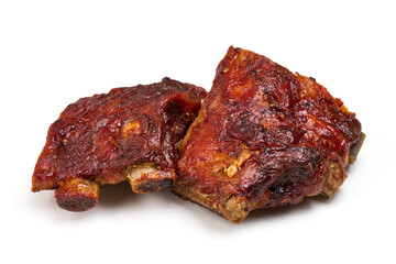 Roasted pork spare ribs in bbq sauce, spicy food, isolated on white background.