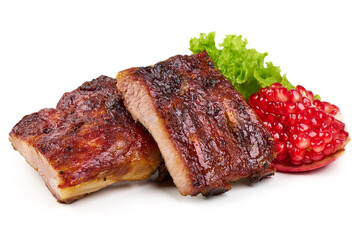 Roasted pork spare ribs in bbq sauce, spicy food, isolated on white background.