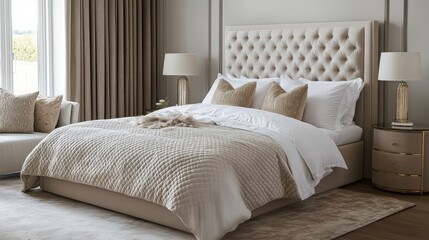 Luxurious Beige Bedroom with Upholstered Headboard and Plush Bedding