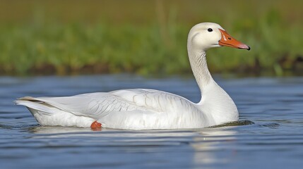 A white goose swims in a pond, looking to the right with its neck stretched out.