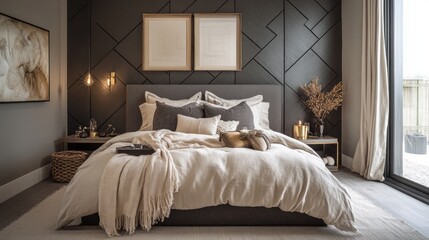 A Luxurious Modern Bedroom with a White Bed, Grey Walls, and Wooden Accent Wall