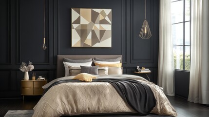 Modern bedroom with black walls, gold accents, and a geometric artwork.