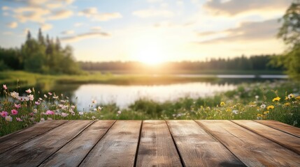 Empty wooden table in the foreground with a blurred background of a tranquil lake and forest