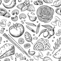 Italian pasta seamless pattern. Vector food drawing. Homemade traditional pasta ingredients. Mediterranean 