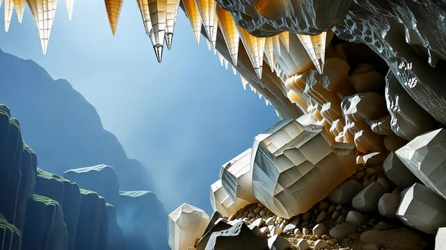 Sunlit crystal cavern exploration with dramatic perspectives and shifting shadows