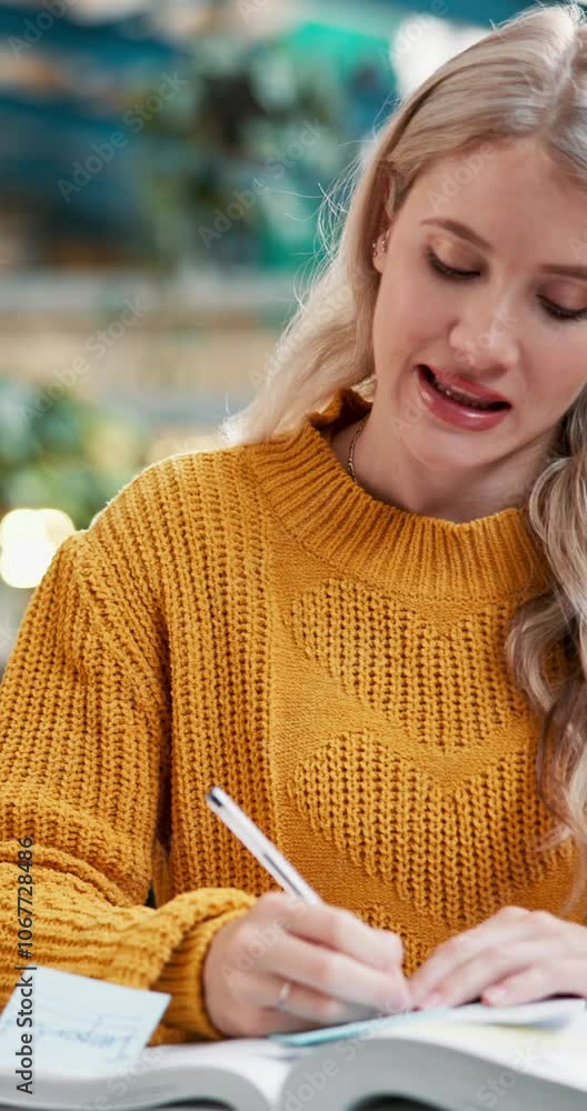 Poster Thinking, students and discussion for writing in notebook of studying solution, schedule planner and education. Girl, listening and teamwork for learning notes, assignment information and exam lesson