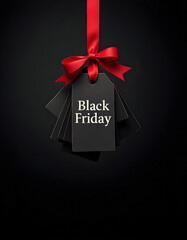 a black friday sale sign on a black background with a red ribbon tied around it