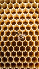 Honey Bee on Left Side of Honeycomb with Visible Wings