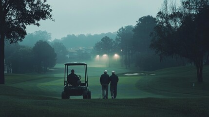 Two elderly men stroll lush fairway expansive golf course accompanied golf cart as dark clouds loom overhead evoking serene mysterious atmosphere.