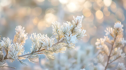 a close-up of frosted evergreen branches, showcasing delicate layers of snow on the pine needles. The background is a soft blend of wintery blues and warm bokeh lights