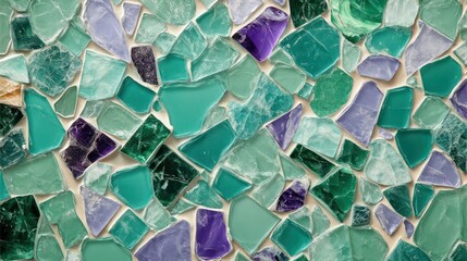 A terrazzo tile design with bright green, lavender, and teal glass chips, ideal for a stylish, eco-friendly lobby.
