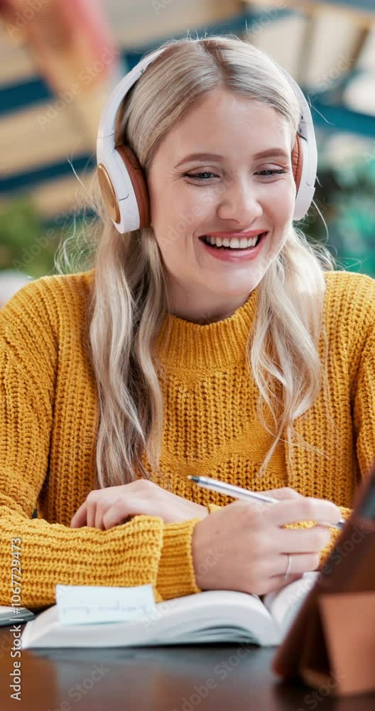 Aufkleber learning, headphones and woman with online class on tablet for knowledge of distance education. happ