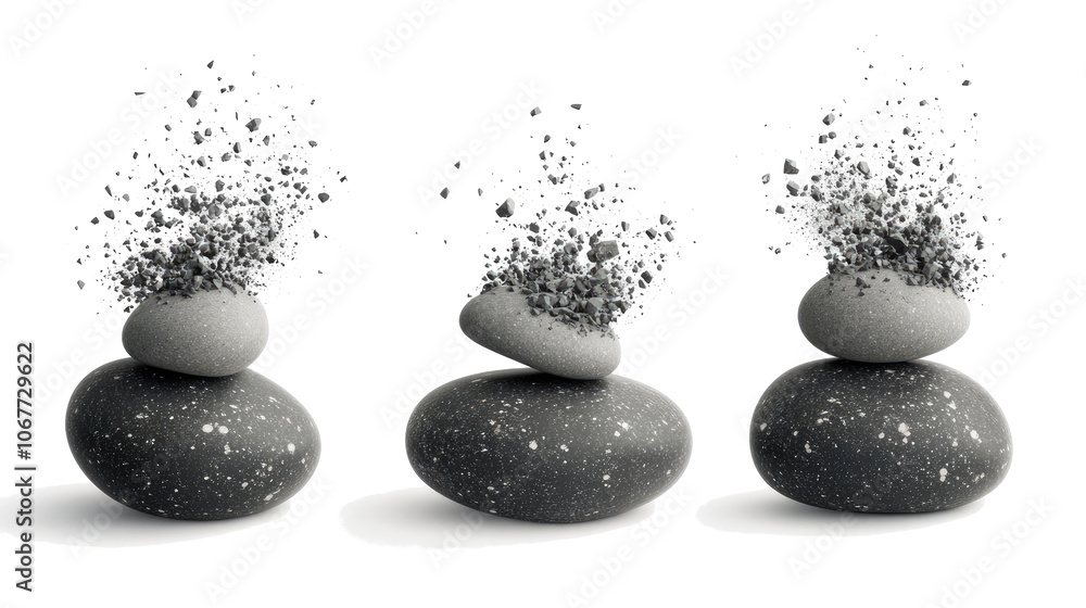 Poster stones shatter in mid-air creating a dynamic composition of fragments generative ai