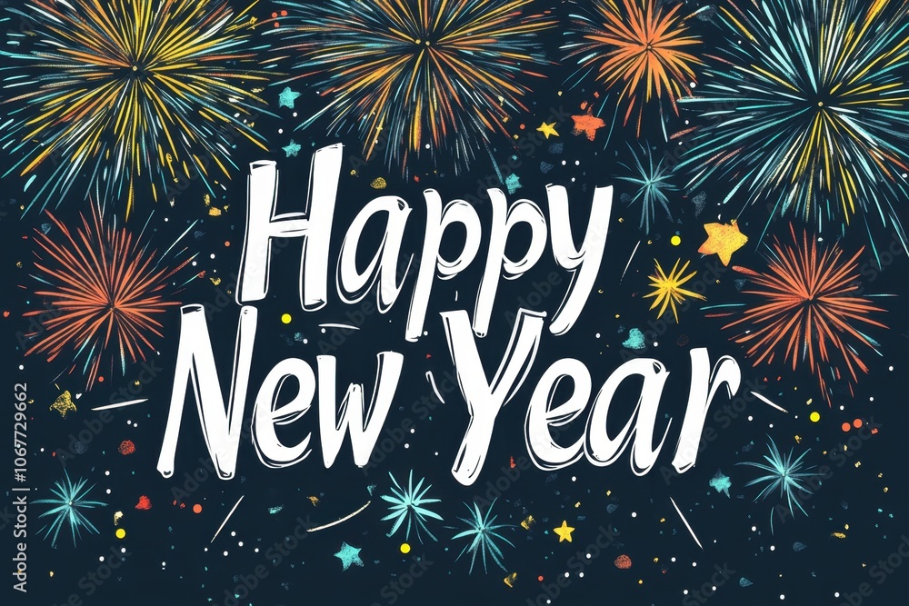 Poster a colorful fireworks display, with a dark blue background and white text that says 