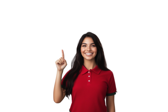 A smiling woman with long dark hair wearing a red polo shirt, pointing upward in a gesture that appears instructional or illustrative, against an isolated, transparent background