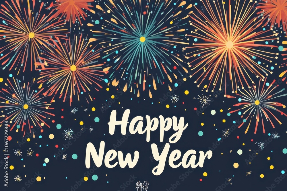Poster a colorful fireworks display, with text below saying, 