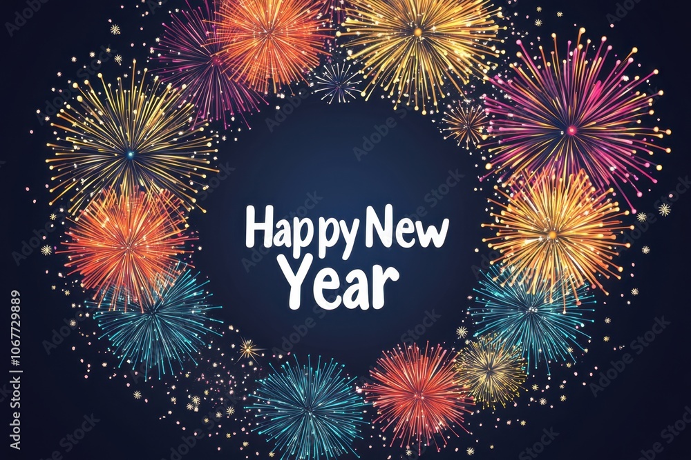 Poster a vibrant and colorful fireworks display illuminating the night sky, with each firework, forming a c