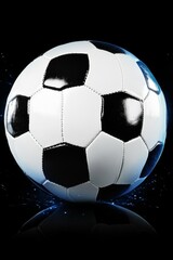 Fototapeta premium Classic Soccer Ball, Isolated on a Black Background with a Reflective Surface and Dramatic Lighting.