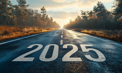 Namalowany na drodze biały napis 2025, na nowy rok