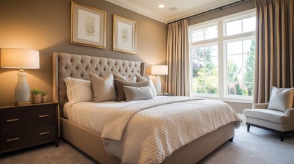 Luxurious Bedroom with Large Window and Beige Decor