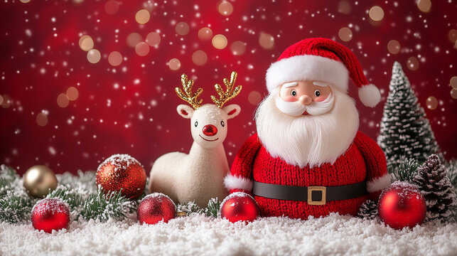 Święty Mikołaj i jeden renifer stoją obok bombek choinkowych
