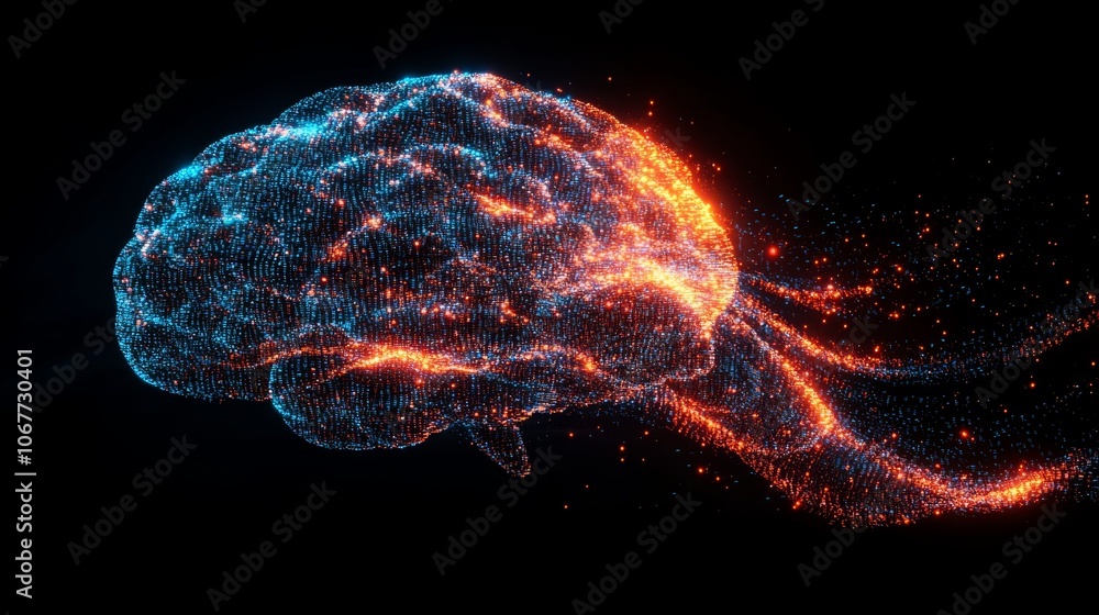 Poster flowing data within a brain silhouette illustrates the connection between thought and technology
