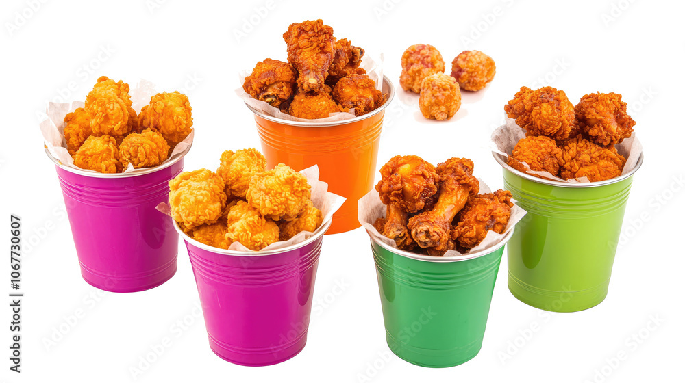 Poster fried chicken wings in colorful buckets on clear background generative ai