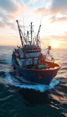 Obraz premium Industrial Fishing Vessel Navigating Tranquil Water as the sun beautifully sets , Aerial View